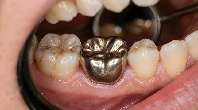 Close up of human teeth with a metal dental crown in mouth