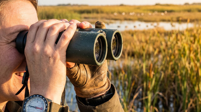 Woman using binoculars to view wildlife in a grassy wetland  