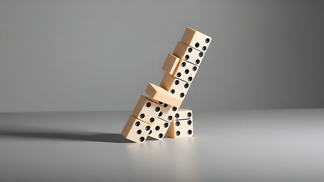 A domino wall leaning at an angle after a bottom block is removed.