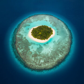 Perfect Circular Tropical Coral Atoll Viewed from Above with Emerald Island, Crystal Blue Lagoon and Vibrant Reef Formation