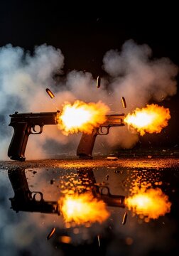 発砲、炎、煙、銃弾、反射、夜、アクション