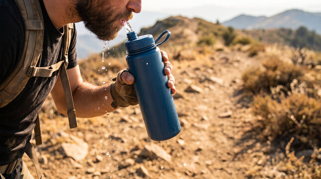 Man drinking from a blue water bottle while hiking on a trail  