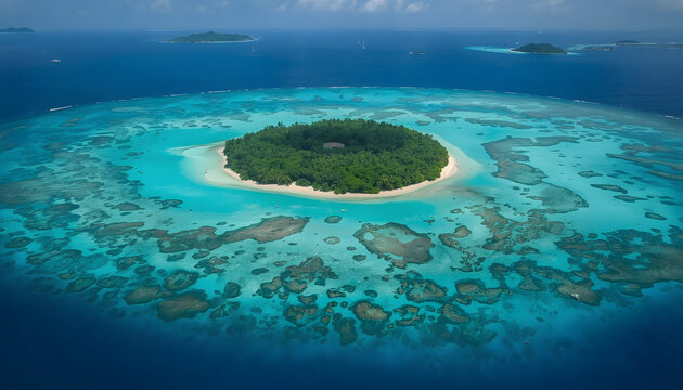 Aerial View of Tropical Coral Island Surrounded by Turquoise Lagoon and Vibrant Coral Reefs, Exotic Paradise Destination