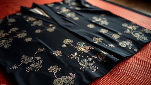 Exquisitely embroidered black formal kimono laid out flat on a red tatami mat, detailed textile focus, soft light.