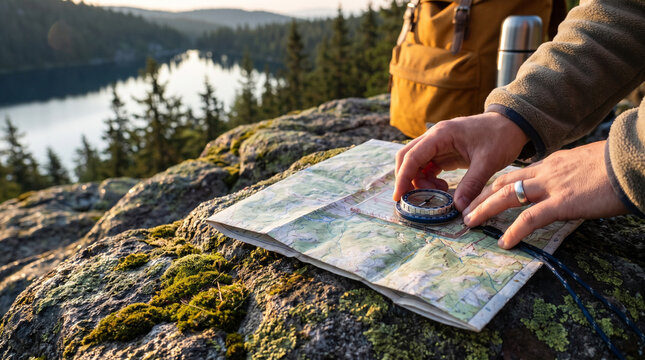 Man using compass to read a map on a rock by the lake  