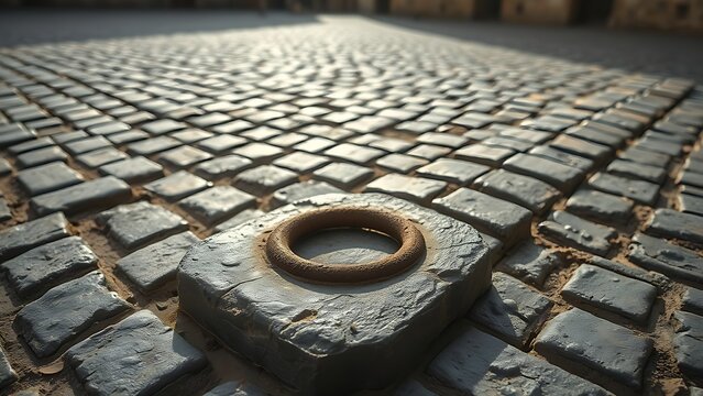 Close-up of worn cobblestones with a single rusted iron ring in a town square.