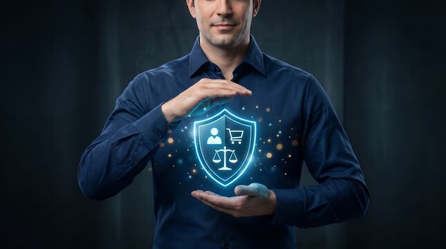 Digital consumer rights and data privacy protection featuring a man shielding a glowing secure shopping and legal compliance interface