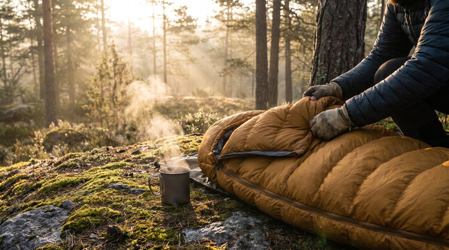 Adventurer unpacking sleeping bag while camping in forest at sunrise  