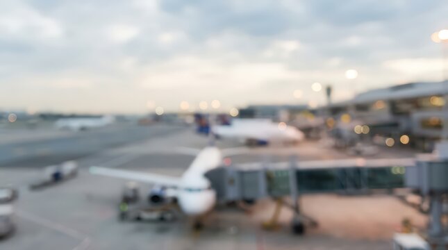 Blurred airport terminal airplane jet bridge tarmac aviation travel transport background out of focus bokeh runway airport infrastructure