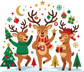 Fototapeta premium Group of cute reindeer with christmas gifts and decorations
