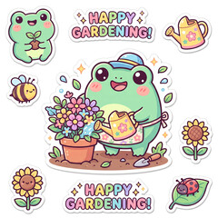 Fototapeta premium Kawaii Frog Gardening Cute Sticker Collection