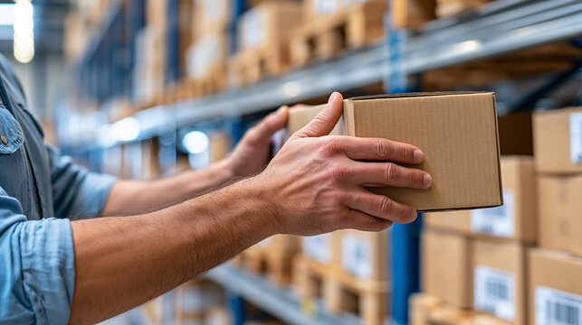 Close-up of hands organizing shipments in storage facility, warehouse business operations concept, defocused industrial background, with copy space