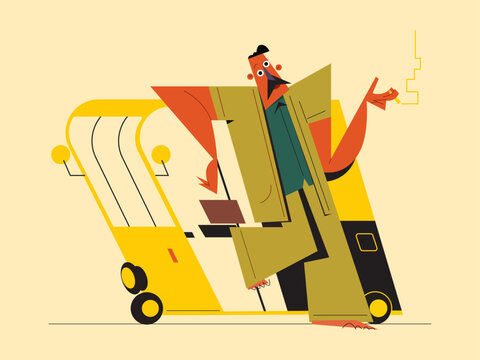 Stylized Businessman Standing Beside Yellow Taxi Illustration