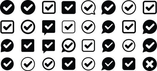 Check tick mark icons with cross box X, checkbox V symbols, hand drawn doodle brush strokes, right and wrong circle signs for forms, tasks, and checklist graphics, vector, designs. © RASEL