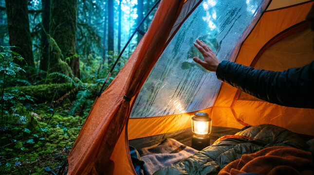 Person reaching out from camping tent in forest with lantern  