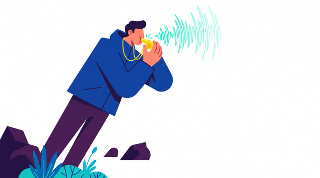 Man blowing emergency whistle while standing on rocks outdoors  