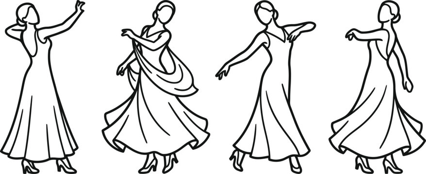 Set of elegant women wearing long dresses dancing in different graceful poses line art