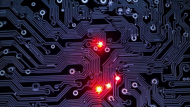 Close-up view of electronic circuit board with illuminated LED lights showing progressive activation of components in a dark environment with intricate pathways and connections
