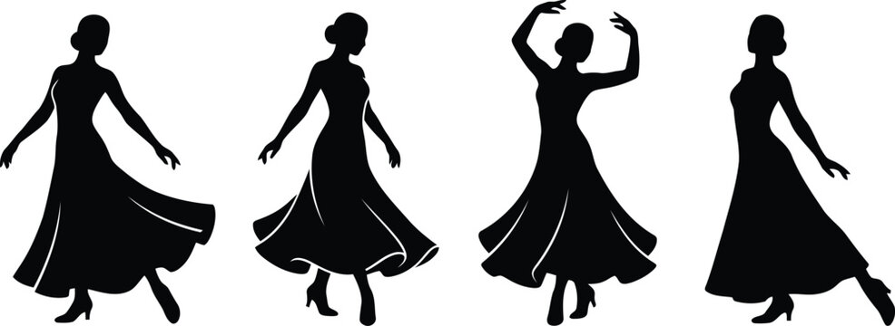 Set of black silhouettes of beautiful women dancing in long elegant dresses