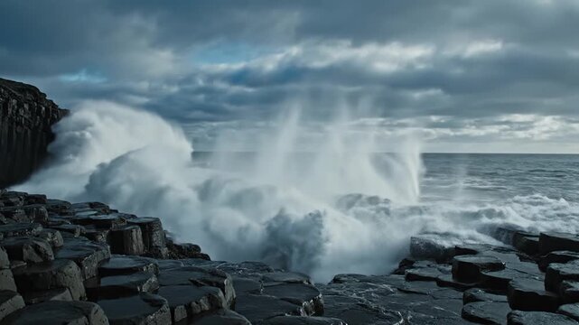 Ocean waves crashing on basalt columns under stormy sky