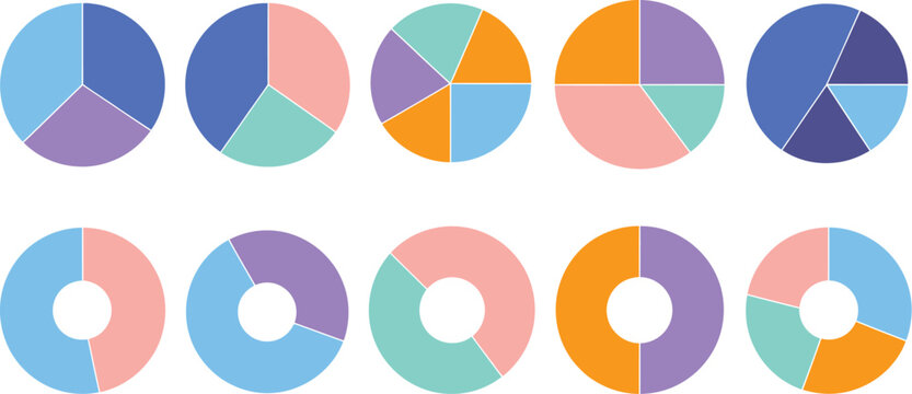 Circle division infographic icons with pie chart segments, color ring elements, and donut diagrams for business reports, marketing dashboards, statistical analysis, and presentation graphics, vector, 