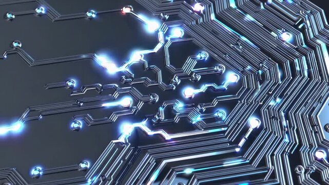 Close-up view of illuminated circuit board with glowing connections and intricate pathways showcasing electronic components in a high-tech environment
