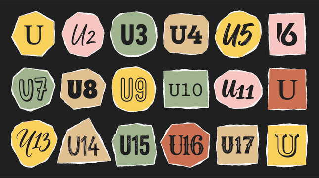 Set of handdrawn paper scrap labels with letters u and numbers 1 to 17, colorful torn paper stickers with typography