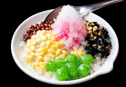 Traditional Malaysian Ais Dessert with Shaved Ice, Sweet Syrup and Refreshing Toppings