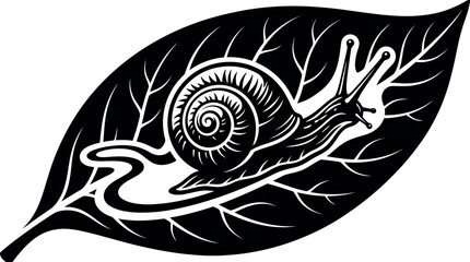 Silhouette of snail on leaf in white background, black and white illustration, nature design element, animal and plant symbol © Rear Collection