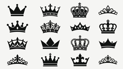 Set of various black crown and tiara icons isolated on a white background. © Abhinaya Project