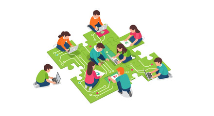 Naklejka premium Isometric Tech Team Collaborating on Circuit Board Jigsaw Puzzle Concept