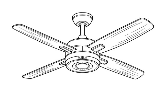 Black and white line art illustration of a modern ceiling fan