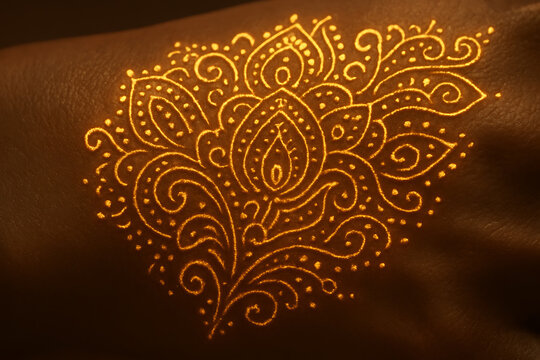 Glowing golden henna floral pattern decorating skin with intricate paisley swirls and dotted ornamental details