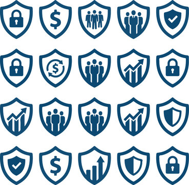 Set of shield icons with various symbols like locks, people, charts, and dollar signs, vector illustration