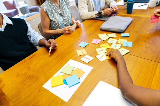 Business professionals collaborating in a coworking space during a meeting, organizing ideas on sticky notes for strategy and teamwork