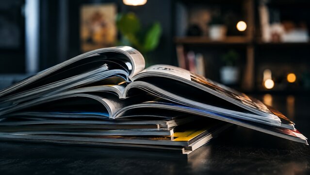 Stack of Open Magazines on Wooden Table, Close Up Editorial Publications and Print Media Reading Concept