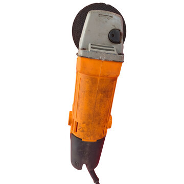 Second hand orange electric angle grinder tool isolated on transparent background