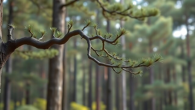 The curved, tensioned branch of a tall yew tree against a soft-focus forest.
