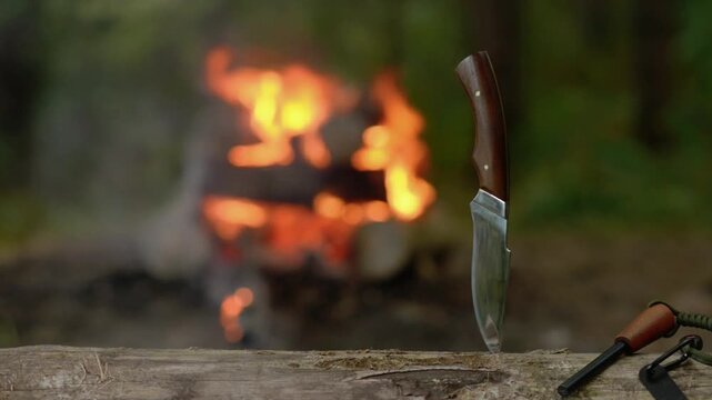 Fixed blade tactical knives on wooden log with blurry campfire in background and natural audio sound. Cinematic video background for bushcraft gear review, wilderness equipment showcase.