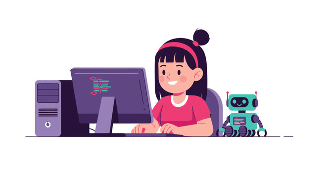 Young Girl Learning Computer Coding and Robotics, Child Programmer with AI Robot Companion for STEM Education Vector Illustration
