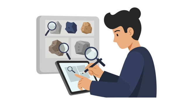 Geologist or Science Student Researching Mineral Samples and Rocks Using Digital Tablet Illustration