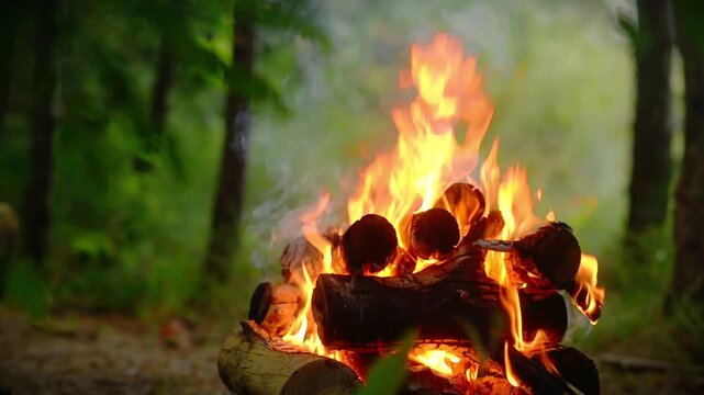 Seamless loop of bright campfire burning wood stack with natural audio crackling soundscape. Warm video background for cozy bushcraft camping hearth, outdoor fireside warmth, nature relaxation.