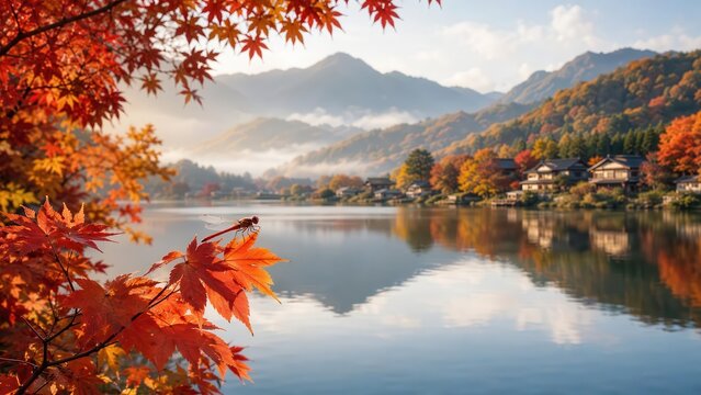 Experience a breathtaking scene featuring vibrant autumn leaves reflecting on the tranquil surface of a lake nestled in the mountains, illuminated by the gentle light of early morning