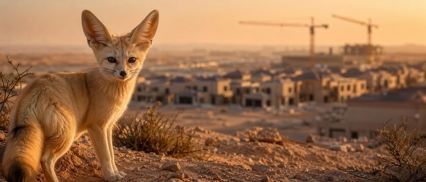 A fennec fox gracefully roams the desert landscape as the sun sets, casting a warm glow over the scene, with construction work occurring in the background