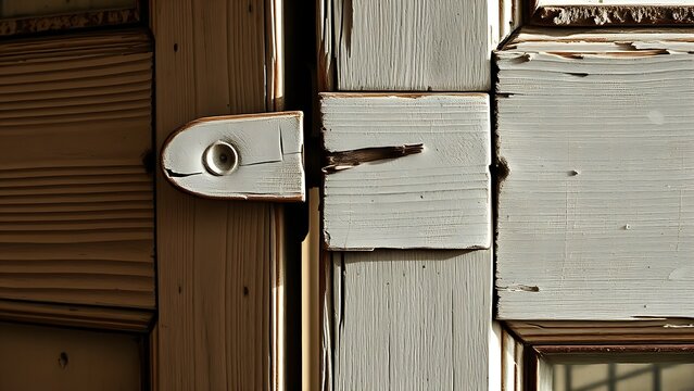 An old wooden doorjamb with peeling paint revealing wood grain and signs of wear.