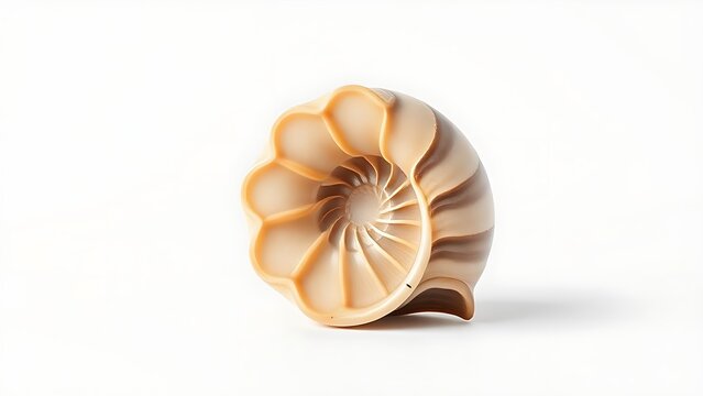 Nautilus shell cross-section showing helical chambers on white.