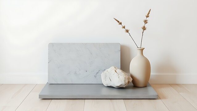 Polished diorite slab and rough unpolished rock with ceramic vase and dried stem, home interior styling concept.