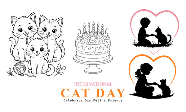 International Cat Day Illustration with Cute Kittens, Birthday Cake and Child Silhouettes