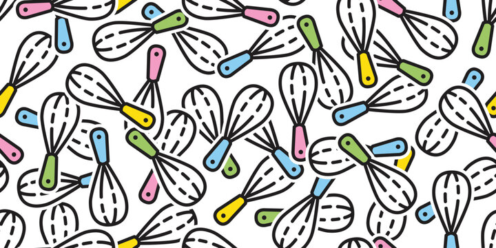 kitchen whisk seamless pattern bakery bake bread food vector cartoon doodle tablecloth tile background gift wrapping paper repeat wallpaper scarf isolated illustration design