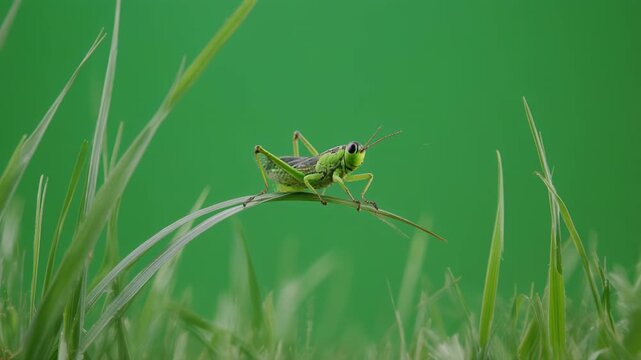 Small green grasshopper resting on a blade of grass with soft bokeh background during daytime sunlight